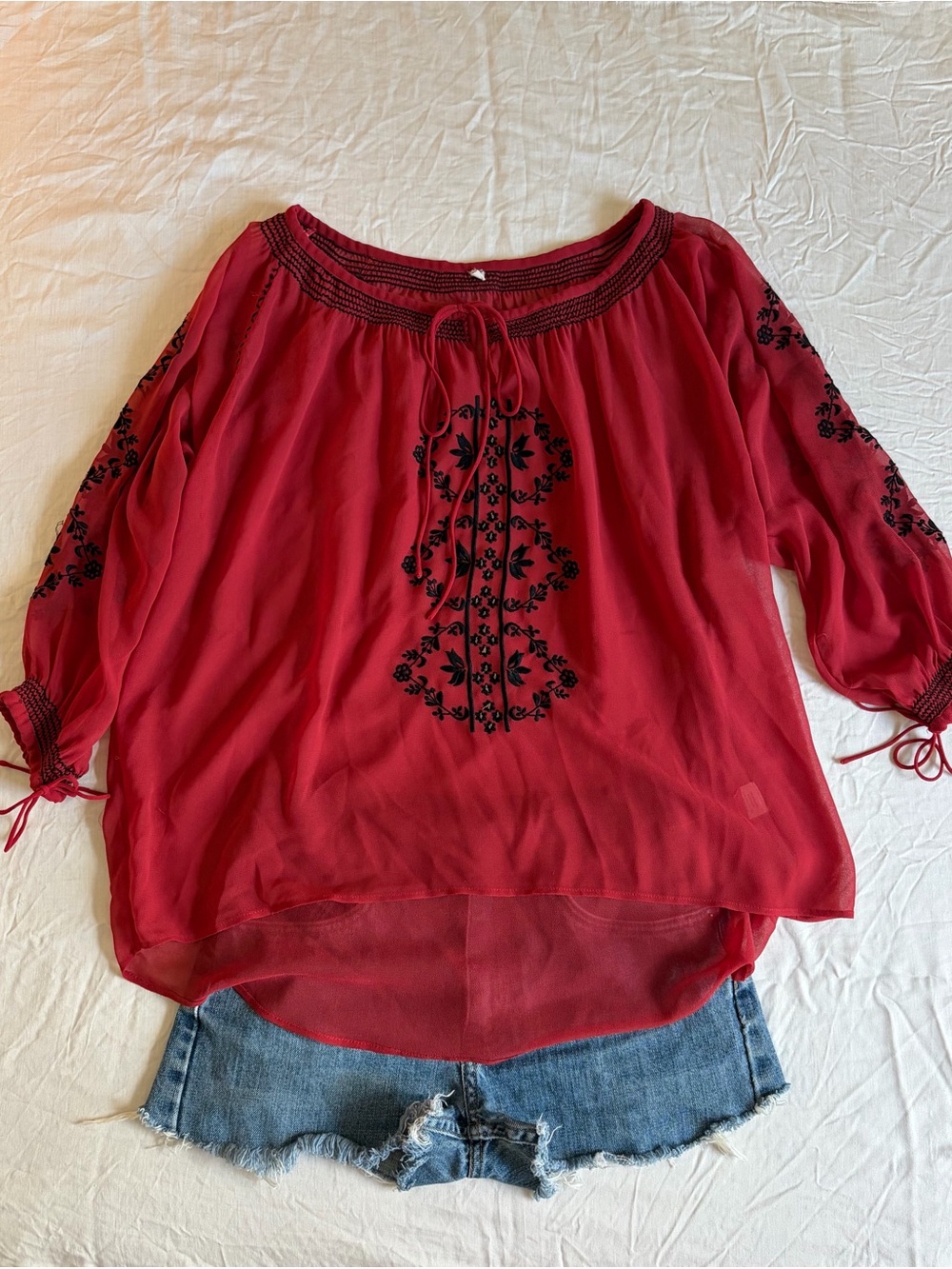 Red Embroidered Peasant Blouse - Women's Relaxed Top